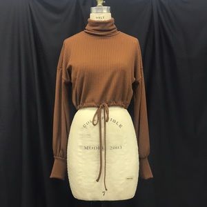 Brown Crop turtle neck sweater with drawstring